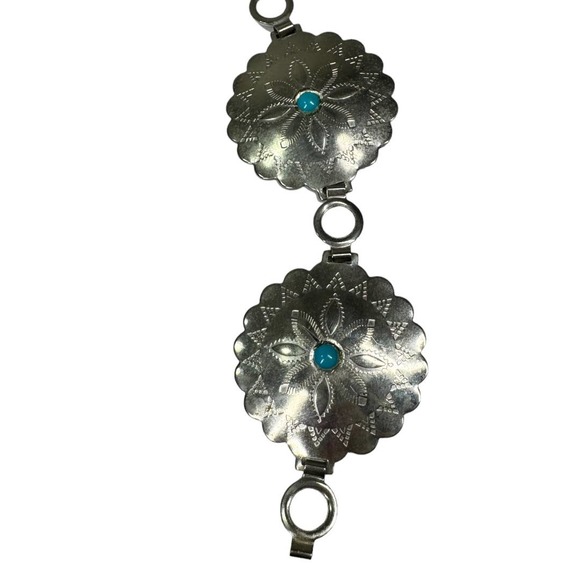 Boho Western Concho Flower Belt 32" One Size Silver Tone Metal Turquoise Chain - Picture 4 of 8